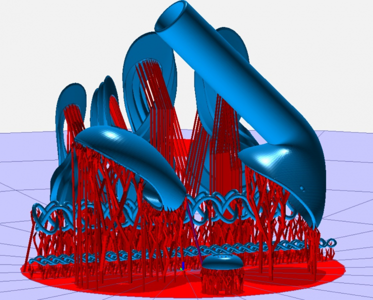 Рис. 5. Пример проектирования бионических оптимизированных поддерживающих структур для печати из титановых МПК в ПО «Глайсер».  Фото представлены НИТУ МИСИС.