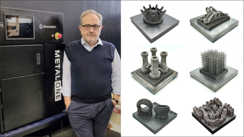 Генеральный директор Sharebot Артуро Донги с 3D-принтером MetalONE и напечатанные образцы