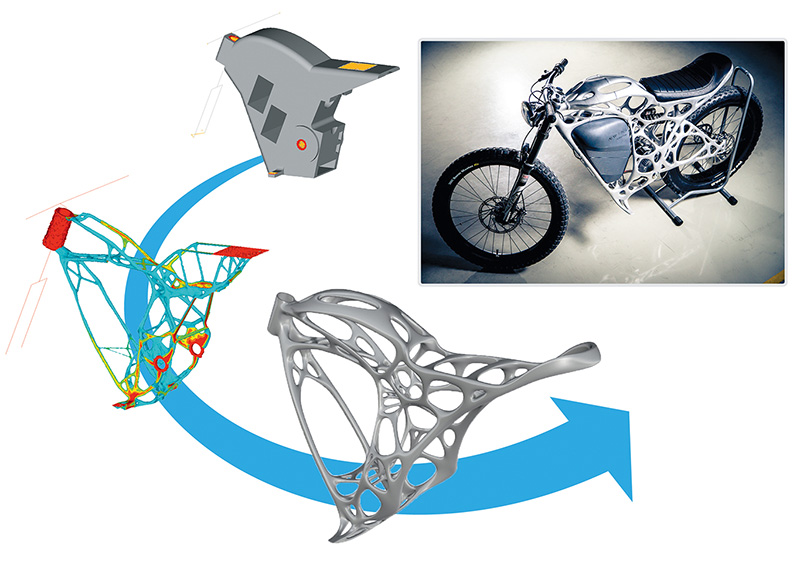 Рис. 13. Рама мотоцикла, сконструированная с помощью программы Altair с учетом топологической оптимизации. Уменьшение веса на 30%.