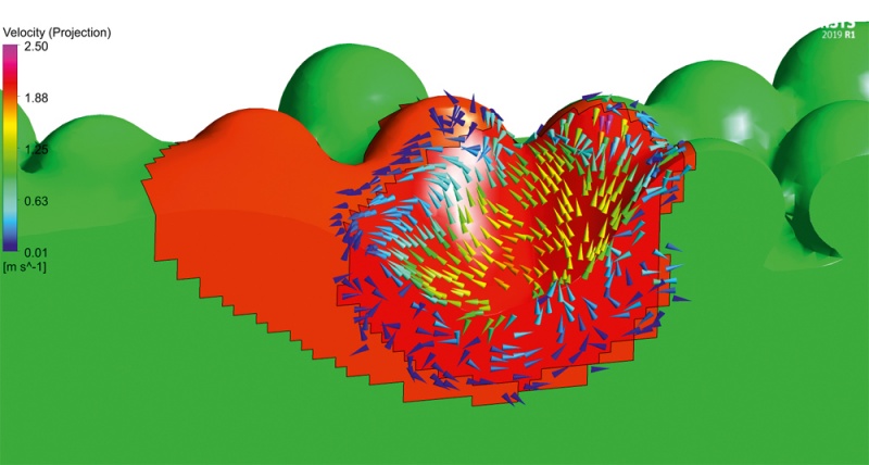 Рис. 4. Микрогеометрия слоя сферических частиц порошка на подложке  и направление потоков конвекции расплава