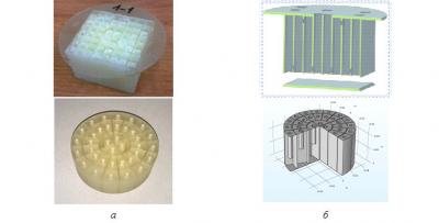 Рисунок 2. Структуры тестовых образцов АММ ЗП, напечатанных по технологии PolyJet из фотополимера FullCure 720: общий вид (слева) и 3D цифровая модель (справа)
